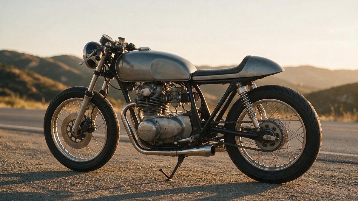 A classic twin-cylinder cafe racer parked at the side of a winding country road at golden hour