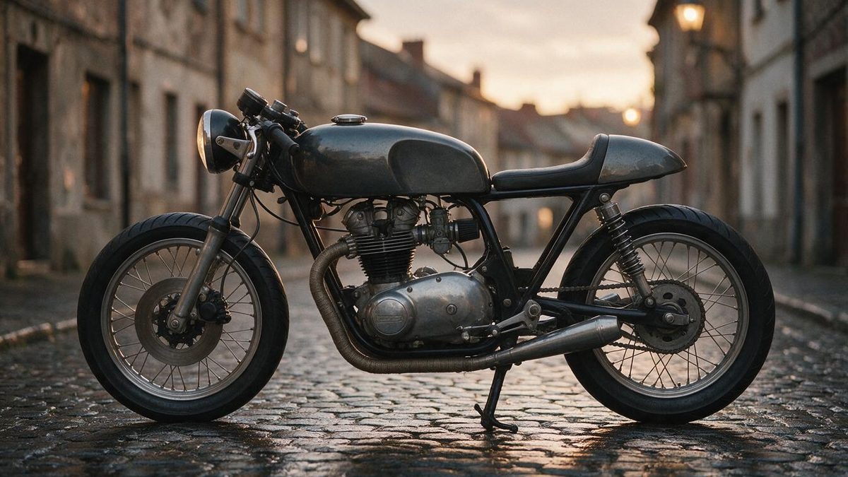 Side profile of a classic cafe racer on wet cobblestones, showing the clip-on bars, long tank and humped solo seat
